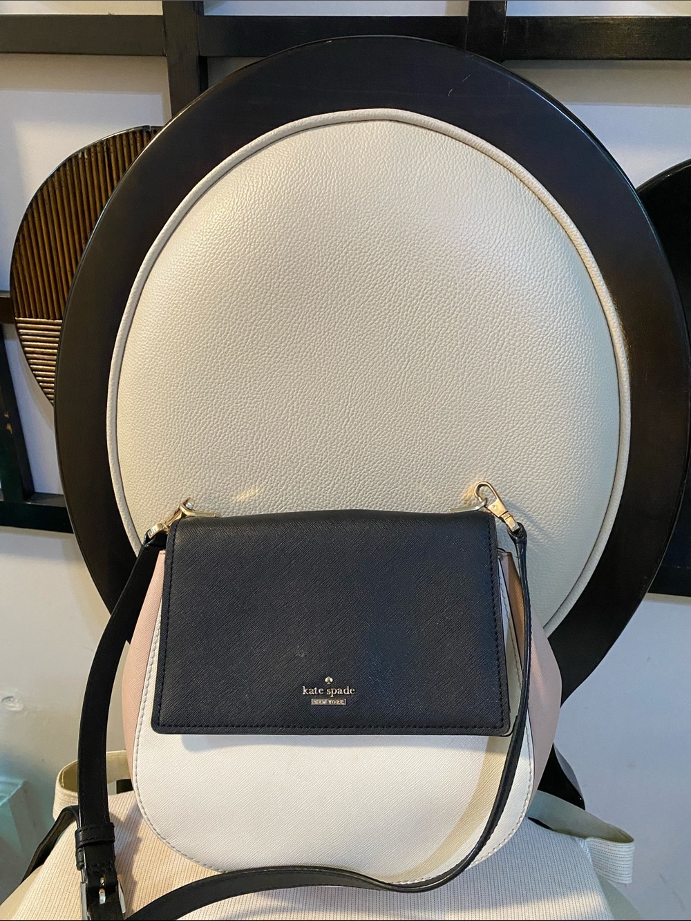 kate spade Two-Tone Black, Cream & Pink Crossbody Saddle Bag - Picture 2 of 7